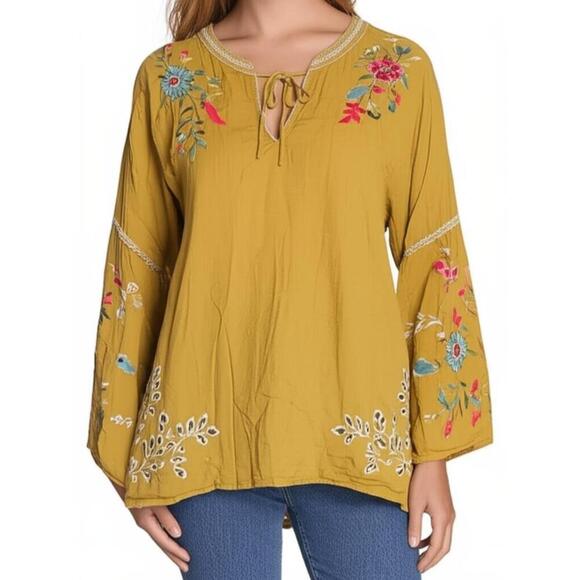 NWT Johnny Was Womens Peasant Blouse Size M Mustard Yellow Floral Embroidered - Picture 2 of 6